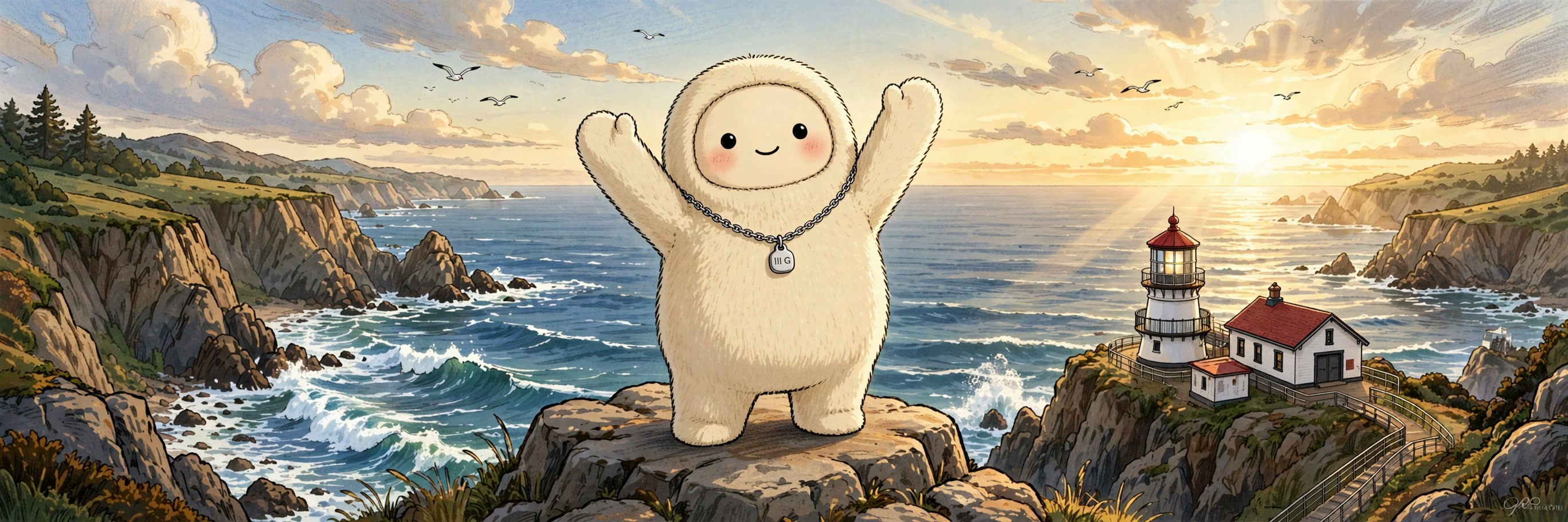 Fiz, a cream plush guide wearing a silver lil G pendant, overlooking Point Reyes Lighthouse at golden hour.